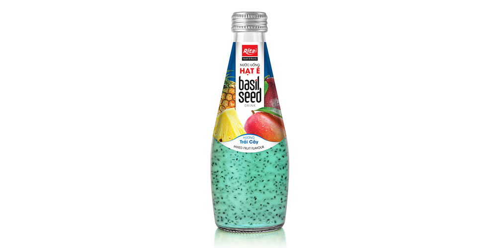 OEM 290ml Glass Bottle Basil Seed Drink Mixed Fruit Juice Flavor