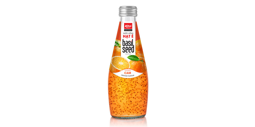 OEM 290ml Glass Bottle Orange Flavor Basil Seed Drink 